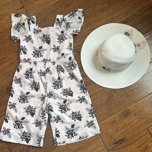 Floral Black and Light Pink Little Girls Jumpsuit and a Matching Sunhat